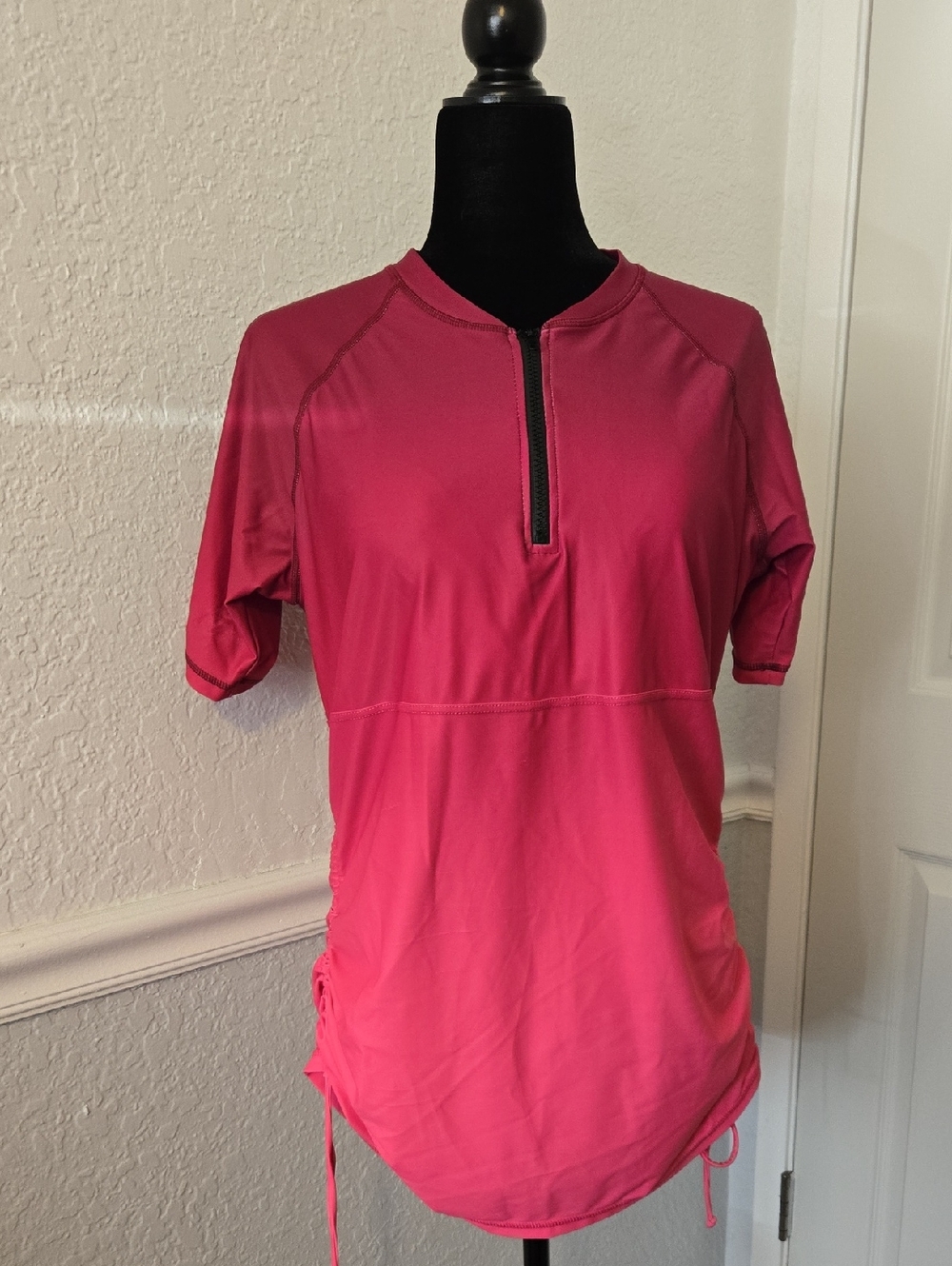 Halcurt Pink Half Zip Rash Guard Swim Tunic Top Ruched Drawstring Sides UPF 50+